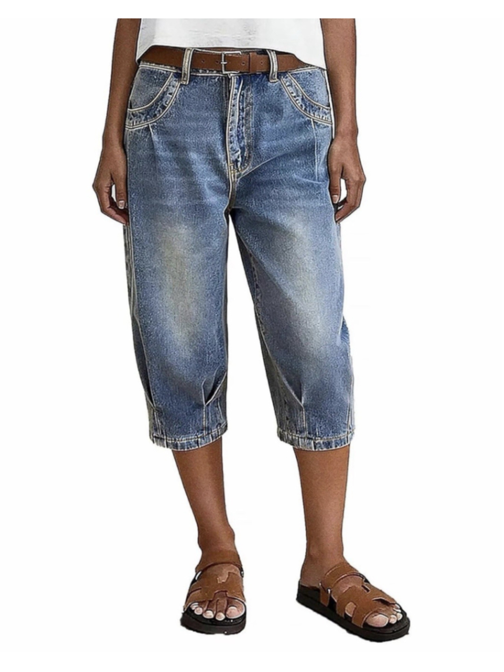 Flamingals Straight Leg Mid Rise Capri Jeans Wash Pleated Loose Fit M